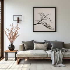Modern Japanese living room grey sofa with black cushions