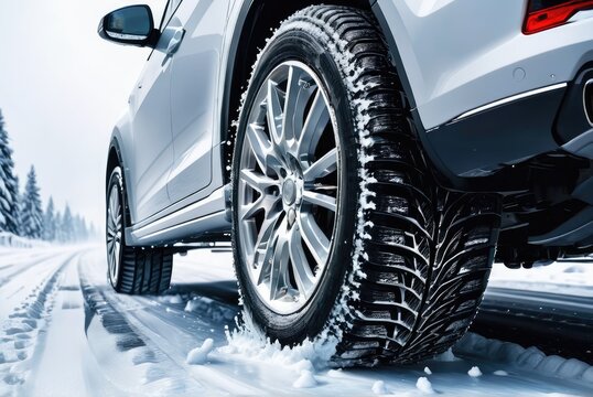 In the winter's grip, snow flies as wheels spin on icy roads, signaling the need for tire change by ai generated
