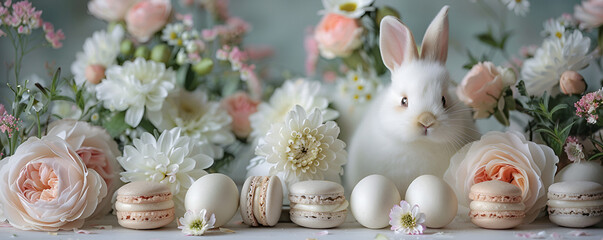 Cute Fluffy White Rabbit Surrounded by Flowers and Easter Eggs and Macaroons. Simple bright and white aesthetic decoration