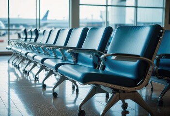 Rows of chairs in the airport terminal, patiently awaiting passengers for their upcoming flights by ai generated