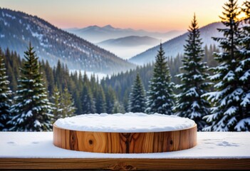 Snowy wooden podium mockup in winter scene with pine trees, ideal for product display by ai generated