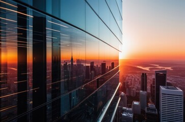 stunning image of a modern office building with a glass facade glowing at sunset, urban skyline by ai generated