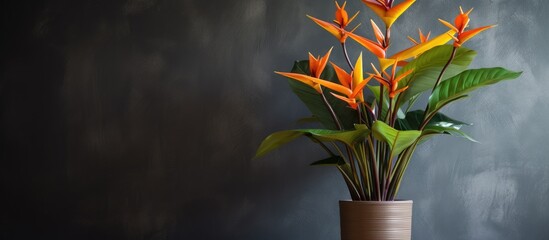 Heliconia plant in a tall brown pot with bright yellow and orange flowers - obrazy, fototapety, plakaty