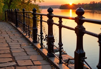 Sunset hues dance on the metal railing by the river embankment, casting a serene silhouette by ai generated