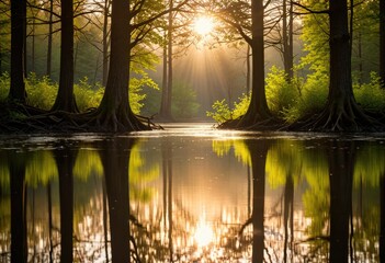 Sunlight filters through the trees, casting reflections on the tranquil surface of the water by ai generated