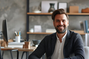 Portrait of a smiling businessman wearing blazar and sitting in minimal workplace, professional...