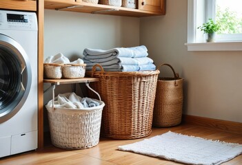 Fototapeta na wymiar The interior of a laundry room features a washing machine, baskets filled with towels by ai generated