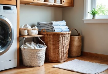 The interior of a laundry room features a washing machine, baskets filled with towels by ai generated