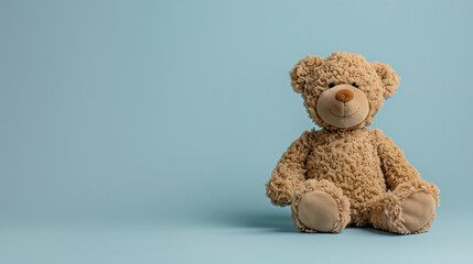 Brown teddy bear on a minimal pastel blue background. Minimal baby boy shower and birthday invitation, greeting card...