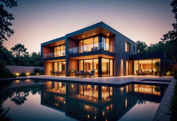 The minimalist villa design emphasizes clean lines, open spaces, and simplicity in architectural aesthetics by ai generated - obrazy, fototapety, plakaty