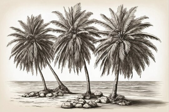 A drawing in the style of old travel books of coconut palms on small, lonely islands