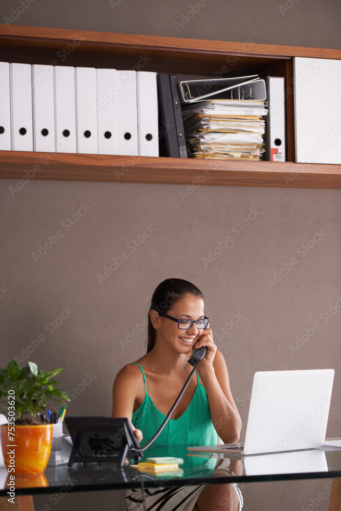 Canvas Prints Phone call, remote work and landline with woman employee in office for communication or reception. Laptop, smile and young business person answering telephone in small business or startup workplace