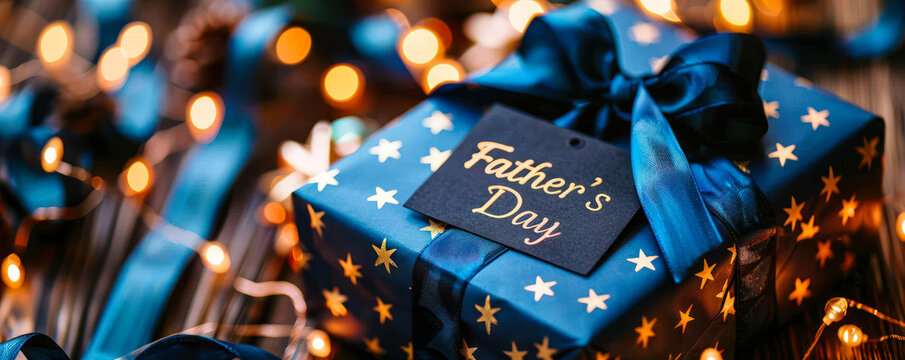 Elegant Father's Day gift wrapped in a dark blue box with a vibrant blue ribbon and golden stars, accompanied by a greeting tag, set against a festive background with lights