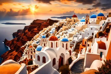 Beautiful view of Churches in Oia village, Santorini island in Greece at sunset, with dramatic sky. - obrazy, fototapety, plakaty