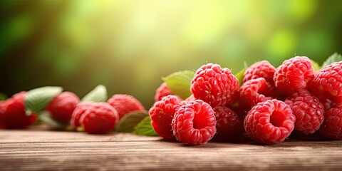 Fresh ripe raspberries on wooden table with blurred background