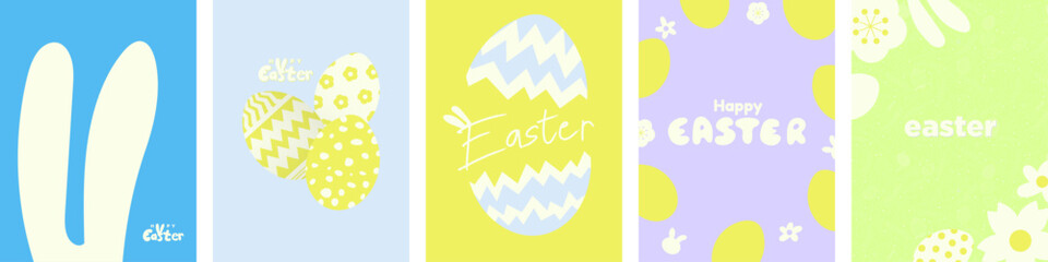 Cute Minimalist Easter Poster Templates with Happy Easter greeting typographic designs. Hand drawn patterned easter eggs, bunny ears, and flowers. Vector Illustration. 