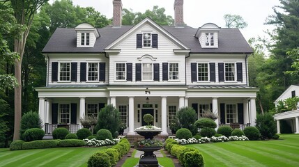 an exterior of a colonial house, with the view of the front porch and garden visible,Luxury mansion in the garden with a beautiful landscaped lawn