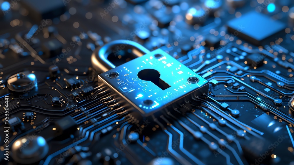 Poster cyber security padlock symbolizes the protection and safeguarding of digital assets and information 