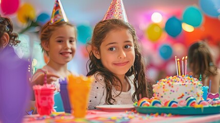 Children Celebrating Birthday Party with Cake Two joyful children in party hats smiling at a birthday celebration with a colorful cake and decorations.

