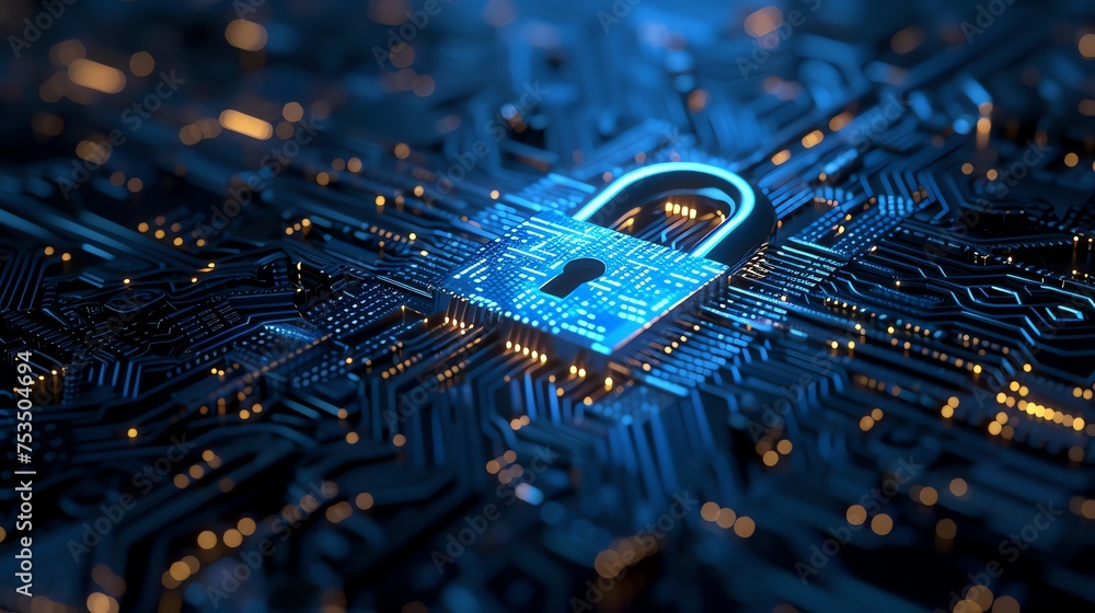 Poster cyber security padlock symbolizes the protection and safeguarding of digital assets and information 