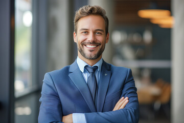 Fototapeta premium Portrait of a smiling handsome businessman, professional and confident looking man in suit at office, Successful matured businessman looking at camera, positive looking office manager wearing a jacket