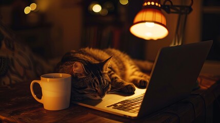 Tabby Cat Sleeping on a Laptop in Cozy Room
