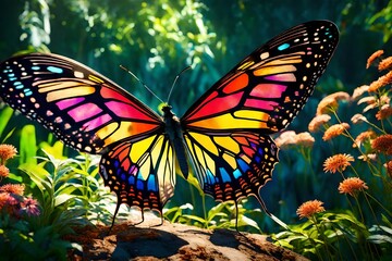 large stunningly beautiful fairy wings Fantasy abstract paint colorful butterfly sits on garden.The insect casts a shadow on nature.The insect has many geometric angles.