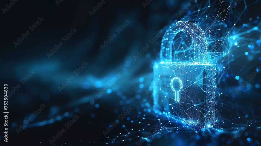 Poster cyber security padlock symbolizes the protection and safeguarding of digital assets and information 