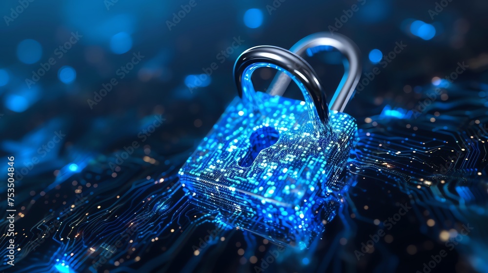 Poster cyber security padlock symbolizes the protection and safeguarding of digital assets and information 