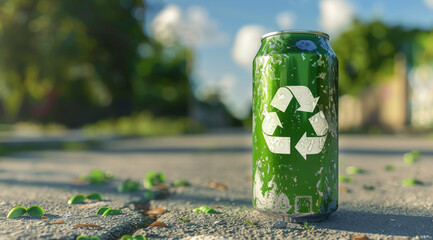 Recycle, sign and eco friendly can on the ground for environmental, awareness and sustainability concept. Green, recycling and aluminium with copyspace for Earth Day, eco system or ecology logo
