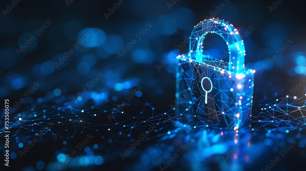 Poster cyber security padlock symbolizes the protection and safeguarding of digital assets and information 