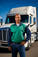 Man standing in front of semi truck with green shirt.