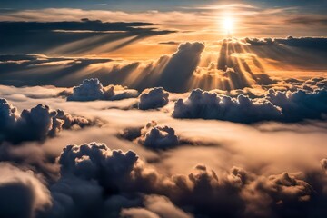 Beautiful view from above clouds at dusk - obrazy, fototapety, plakaty