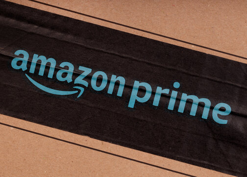 Leszno, Poland. 03 March 2024: Amazon Prime Logo on Cardboard
