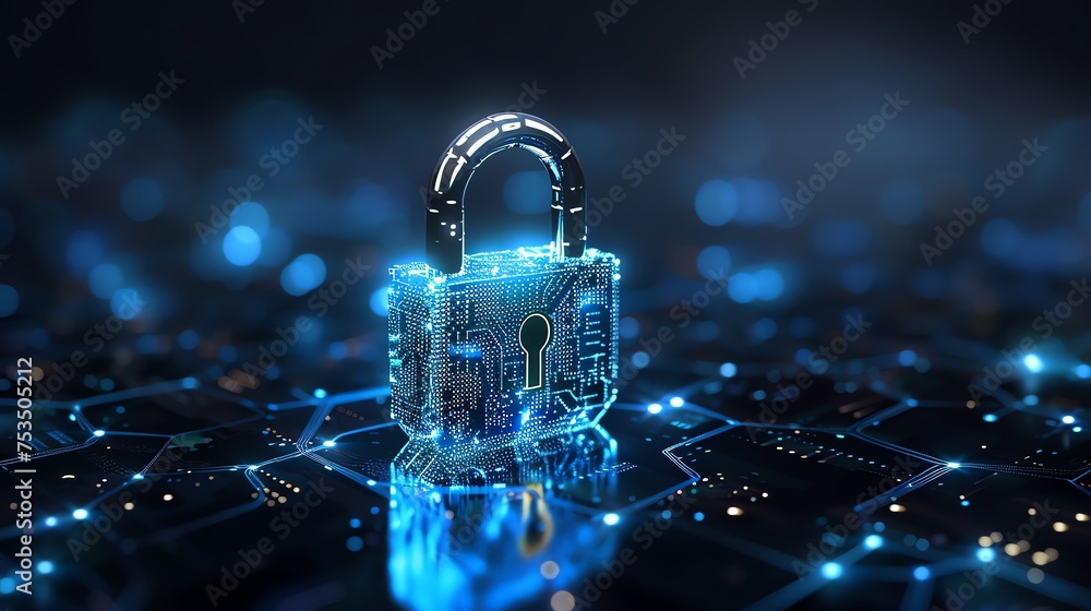 Poster cyber security padlock symbolizes the protection and safeguarding of digital assets and information 