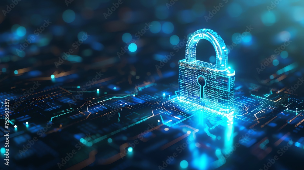 Poster cyber security padlock symbolizes the protection and safeguarding of digital assets and information 