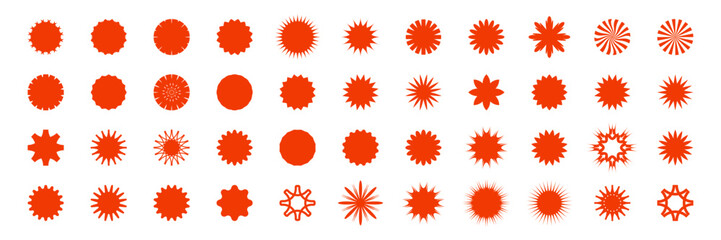 Red vector price stickers set. Red star shaped icons, badges, labels. Sunburst circle tags. Vintage promotion offer elements. Promo tags, attention symbol element stickers. Retro Swiss style graphics - 753505208