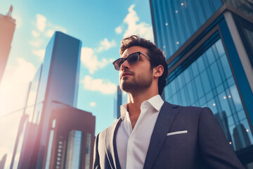Man in suit and sunglasses standing in front of skyscraper. - obrazy, fototapety, plakaty