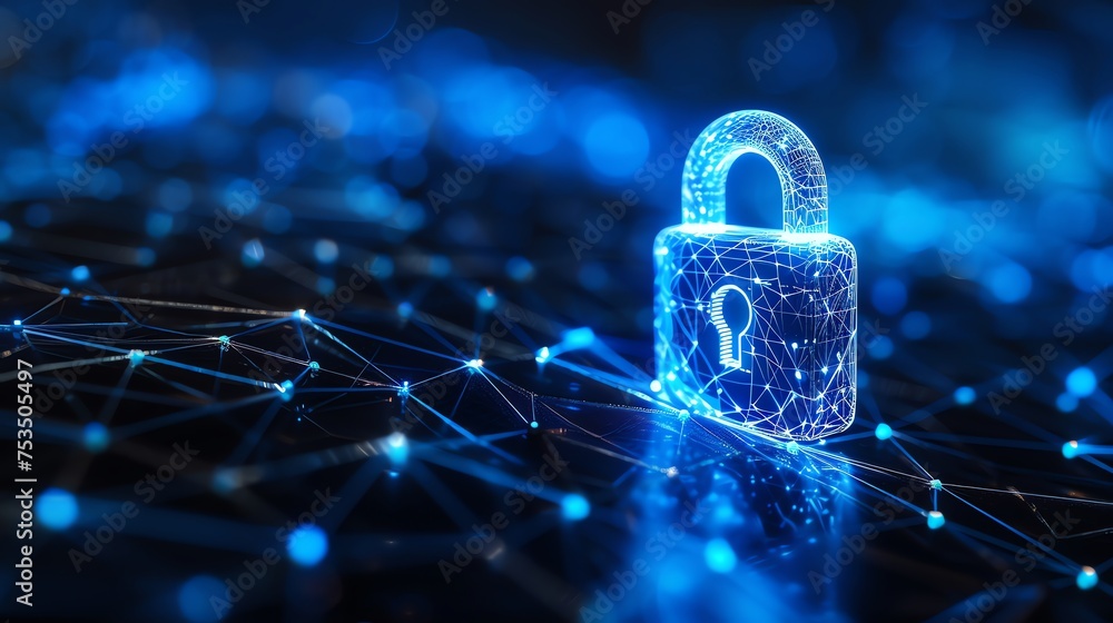 Fototapete cyber security padlock symbolizes the protection and safeguarding of digital assets and information against unauthorized access, cyber threats, and malicious activities