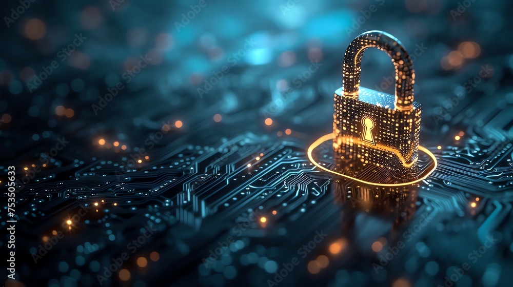 Poster cyber security padlock symbolizes the protection and safeguarding of digital assets and information 
