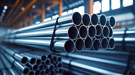 Rows of steel pipes neatly stacked in a busy industrial warehouse