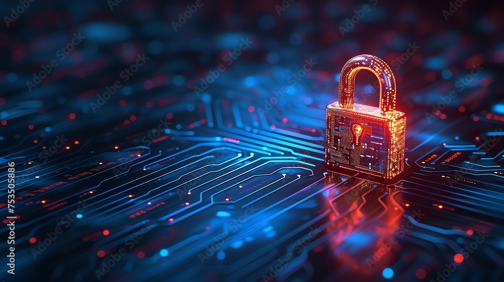 Poster cyber security red padlock symbolizing