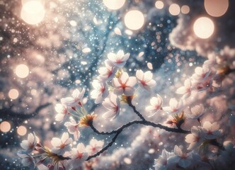 満開の桜とキラキラした神秘的な光の輝き