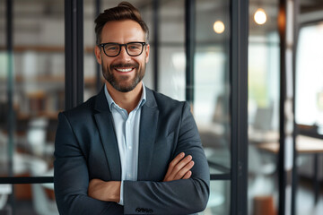 Fototapeta premium Portrait of a smiling handsome businessman, professional and confident looking man in suit at office, Successful matured businessman looking at camera, positive looking office manager wearing a jacket