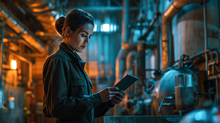 Woman in a factory setting focused on a tablet, surrounded by industrial equipment