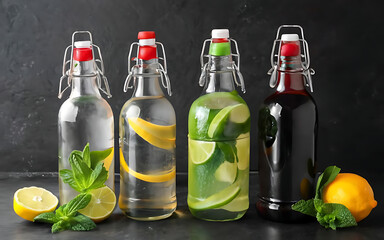 Set of bottles with lemonade or mojito cocktail with lemon and mint