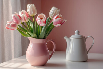 The image was created using artificial intelligence. A delicate bouquet of white and pink tulips by the window. Pastel colors. The concept of International Women's Day on March 8. 