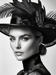 A woman wearing a black hat with feathers on it