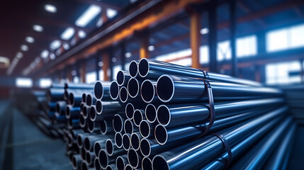 Rows of steel pipes neatly stacked in a busy industrial warehouse - obrazy, fototapety, plakaty