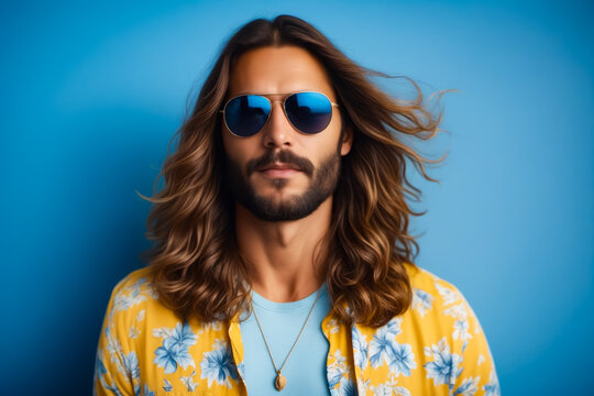 A man with long hair and a beard is wearing sunglasses and a yellow shirt. He is posing for a photo in front of a blue wall